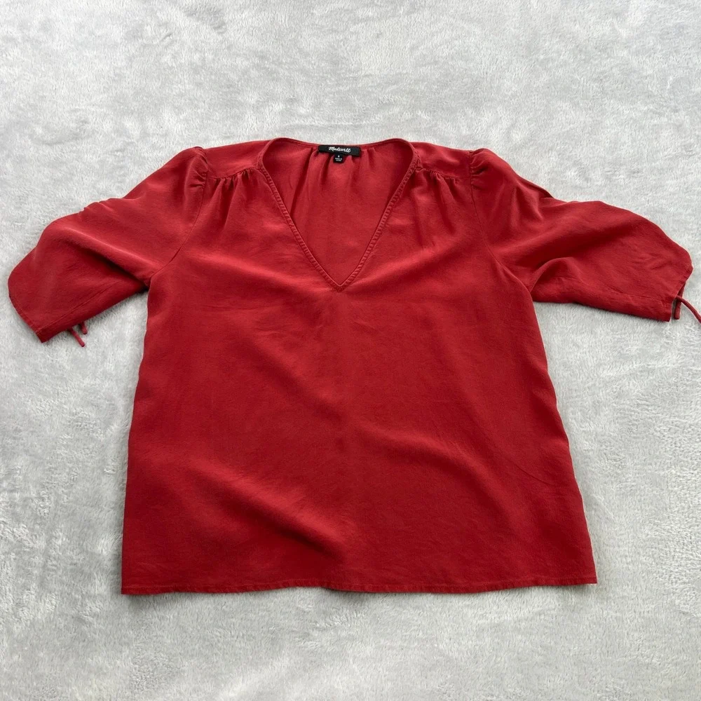 Madewell 100% Silk V-Neck Blouse S Red Women Cinched Puff Sleeve Tie Top